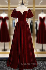 Burgundy Velvet Puff Sleeve Beading Evening Prom Dresses