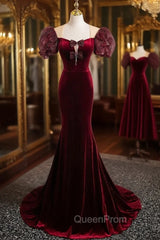 Burgundy Velvet Puff Sleeve Bow Evening Prom Dresses