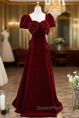 Burgundy Velvet Puff Sleeve Evening Prom Dresses With Bow