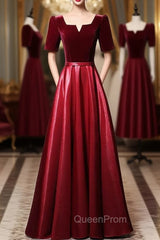 Burgundy Velvet Satin Short Sleeve Evening Prom Dresses