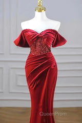 Burgundy Velvet Sequins Long Evening Prom Dresses, Mermaid Off The Shoulder Party Dresses With Slit