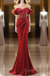 Burgundy Velvet Sequins Long Evening Prom Dresses, Mermaid Off The Shoulder Party Dresses With Slit