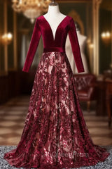 Burgundy Velvet Sequins Long Sleeve See Though V-neck Evening Prom Dresses