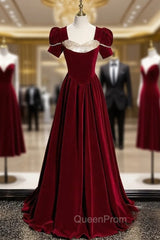 Burgundy Velvet Sequins Square Short Sleeve Evening Prom Dresses