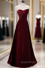 Burgundy Velvet Sequins Strapless Evening Prom Dresses