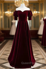 Burgundy Velvet Short Sleeve Long Evening Prom Dresses