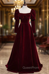 Burgundy Velvet Square Bow Long Sleeve Evening Prom Dresses