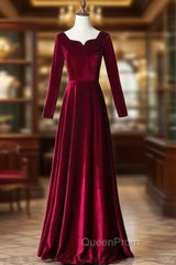 Burgundy Velvet Square Neck Long Sleeve Evening Prom Dresses