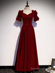 Burgundy Velvet Square Short Sleeve Long Prom Dress