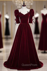 Burgundy Velvet Square Short Sleeve Pleats Evening Prom Dresses