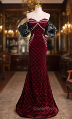 Burgundy Velvet Strapless Beading Evening Prom Dresses