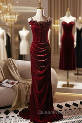 Burgundy Velvet Straps Flower Button Evening Prom Dresses