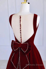 Burgundy Velvet Tea Length Prom Dress, A-Line Party Dress with Bow