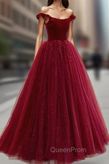 Burgundy Velvet Tulle Floor Length Evening Prom Dresses, Lovely Evening Party Dresses