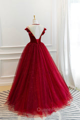Burgundy Velvet Tulle Floor Length Evening Prom Dresses, Lovely Evening Party Dresses