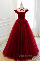 Burgundy Velvet Tulle Floor Length Evening Prom Dresses, Lovely Evening Party Dresses