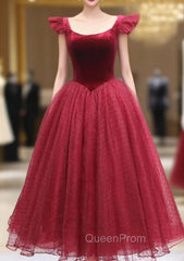 Burgundy Velvet Tulle Tea Length Evening Prom Dresses, Cute A-Line Party Dresses