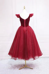 Burgundy Velvet Tulle Tea Length Evening Prom Dresses, Cute A-Line Party Dresses