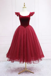 Burgundy Velvet Tulle Tea Length Evening Prom Dresses, Cute A-Line Party Dresses