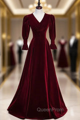 Burgundy Velvet V-neck Long Sleeve Button Evening Prom Dresses