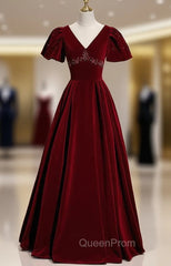 Burgundy Velvet V-neck Puff Sleeve Beading Evening Prom Dresses