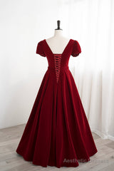 Burgundy Velvet Velvet Long Prom Dress, Cute Short Sleeve Party Dress