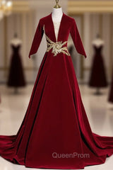 Burgundy Vevelt Short Sleeve Appliques Evening Prom Dresses
