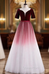 Burgundy White Tulle Velvet Short Sleeve Evening Prom Dresses