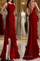 Simple Mermaid Evening Prom Gown With Ruffles, Spaghetti Straps Backless Dresses For Date