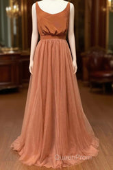 Burnt Orange Scoop Neck Satin Top Long Bridesmaid Dresses
