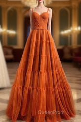 Burnt Orange Straps Tulle A-Line Long Evening Prom Gown Evening Dresses