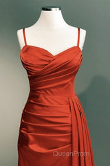 Burnt Orange Sweetheart Slit Satin Spaghetti Straps Dresses