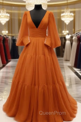 Burnt Orange Tulle V-Neck Ball Gown Dresses
