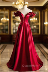 Burugndy Satin Off the Shoulder Evening Prom Dresses