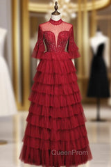 Burugndy Tulle High Neck Backless Beading Evening Prom Dresses