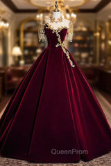 Burugndy Velvet High Neck Short Sleeve Beading Evening Prom Dresses