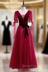 Burugndy Velvet Tulle Short Sleeve Evening Prom Dresses