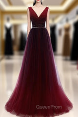 Buy Cheap Pleats Beading Burgundy V Neck Long A Line Tulle Evening Prom Dresses Under 120
