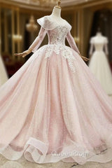 Buy From Pink Ball Gown Tulle Long Sleeve Appliques Princess Evening Prom Dresses