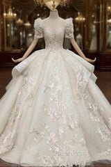 Buy More, Save More Ivory White Ball Gown Tulle Lace Short Sleeve Appliques Beading Wedding Dresses