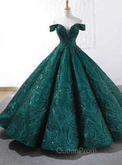 Buy The Newest Dark Green Sequins Ball Gown Off The Shoulder Evening Prom Dresses