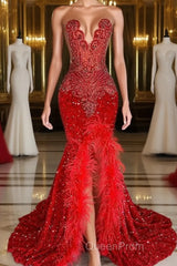 Mermaid Evening Prom Dresses with Sequins Sleeveless Split Beadings and Feather Embellishments