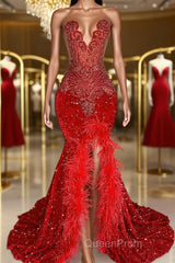 Red Sleeveless Sequins Mermaid Evening Prom Dresses with Front Slit Beadings and Feathers