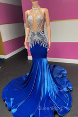Royal Blue Halter Sleeveless Mermaid Evening Prom Dresses With Beadings Velvet