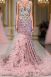 Pink Halter Mermaid Evening Prom Dresses with Sequins Beadings and Tulle Ruffle