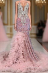 Pink Halter Mermaid Evening Prom Dresses with Sequins Beadings and Tulle Ruffle
