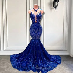 Sequins Royal Blue Sleeveless Mermaid Evening Prom Dresses