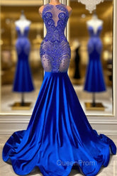 Sleeveless Royal Blue Scoop Neck Mermaid Evening Prom Dresses with Beadings