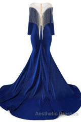 Deep V-neck Shiny Royal Blue Long sleeves Mermaid Evening Prom Dresses
