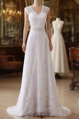 Cap Sleeve V-neck A-line Lace Beaded Sashes Wedding Dresses